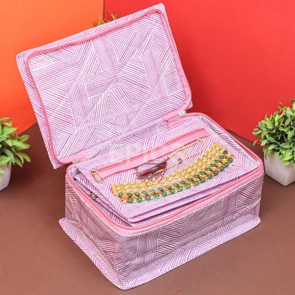 Premium Jewelry Organizer Box with Transparent Pouches – Non-Woven Fabric, Steel Zipper, Travel-Friendly Jewelry Storage Case, Ideal for Necklaces, Earrings & Bangles (Pink)