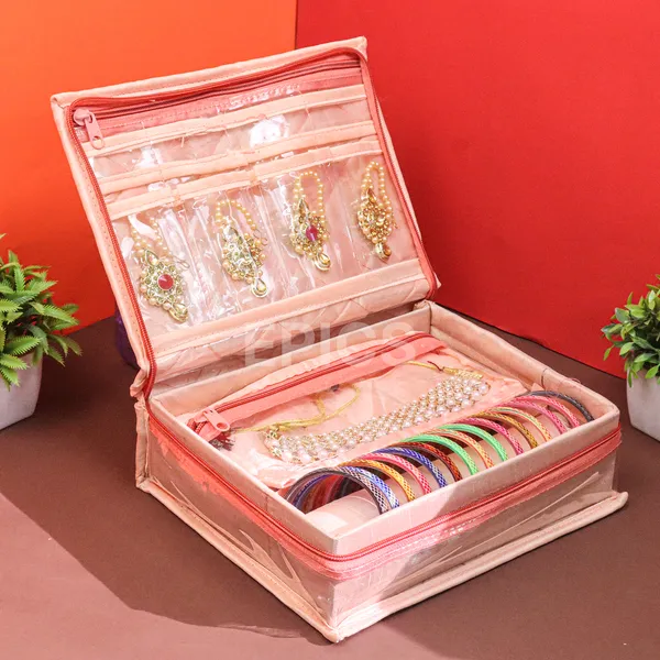 Epics Luxury Jewelry Organizer Box for Women – Elegant Bangle, Necklace & Earring Storage Case with Zipper Closure – Travel-Friendly Bridal Jewelry Pouch (Peach)