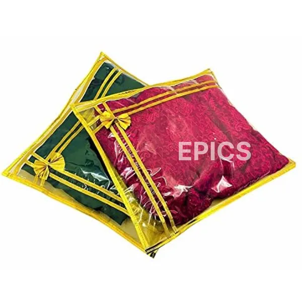 (Pack of 10) Bow Design With Gold Border Top Transparent Non-Woven Single Saree cover