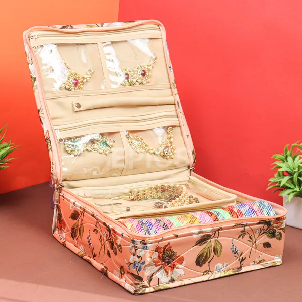 Epics Jewellery Organisers Pouch for Women | Stylish Travel Jewellery Storage Bag | 6 Transparent Pouches & Bangle Rod | Earrings, Rings, Bangles & Accessories Box (Peach)