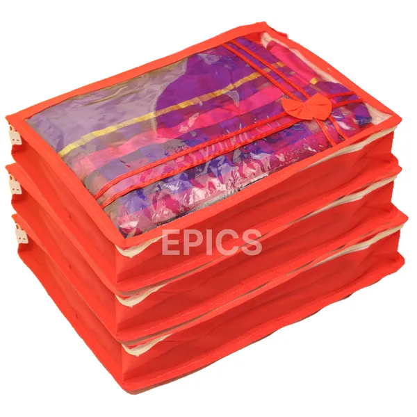 (Pack of 10) Non-Woven Double Saree Cover, Bow Design With Top Transparent