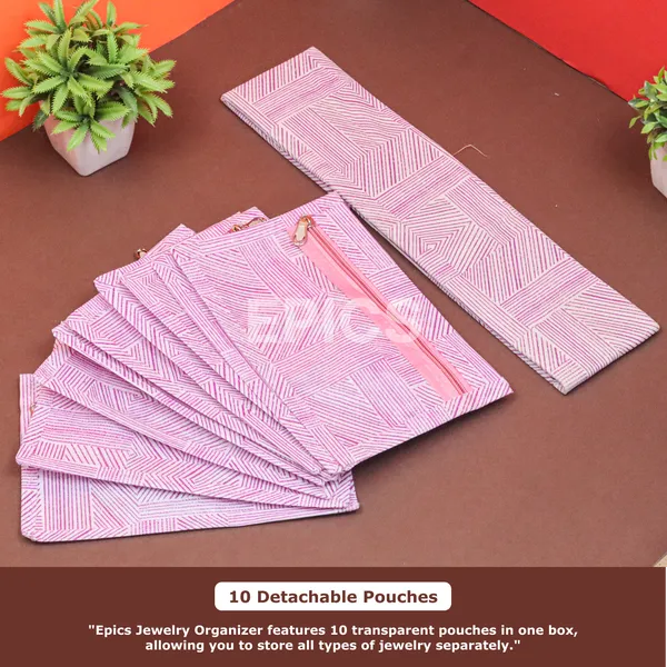 Premium Jewelry Organizer Box with Transparent Pouches – Non-Woven Fabric, Steel Zipper, Travel-Friendly Jewelry Storage Case, Ideal for Necklaces, Earrings & Bangles (Pink)