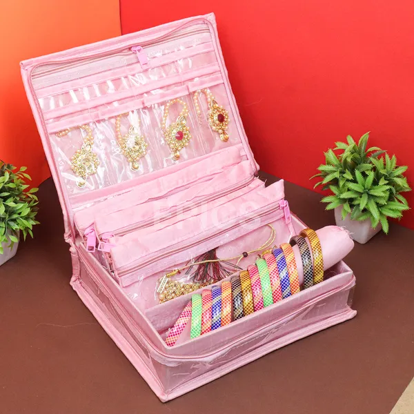 Epics Luxury Jewelry Organizer Box for Women – Elegant Bangle, Necklace & Earring Storage Case with Zipper Closure – Travel-Friendly Bridal Jewelry Pouch (Pink)