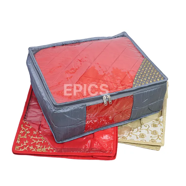 (Pack of 5) (8 inch) Silk Satin Large Saree Cover, Transparent saree covers