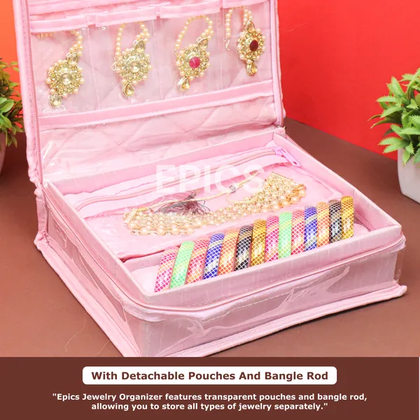 Epics Luxury Jewelry Organizer Box for Women – Elegant Bangle, Necklace & Earring Storage Case with Zipper Closure – Travel-Friendly Bridal Jewelry Pouch (Pink)