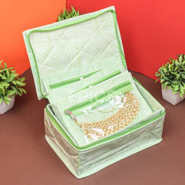 Premium Jewelry Organizer Box with Transparent Pouches – Non-Woven Fabric, Steel Zipper, Travel-Friendly Jewelry Storage Case, Ideal for Necklaces, Earrings & Bangles (Green)