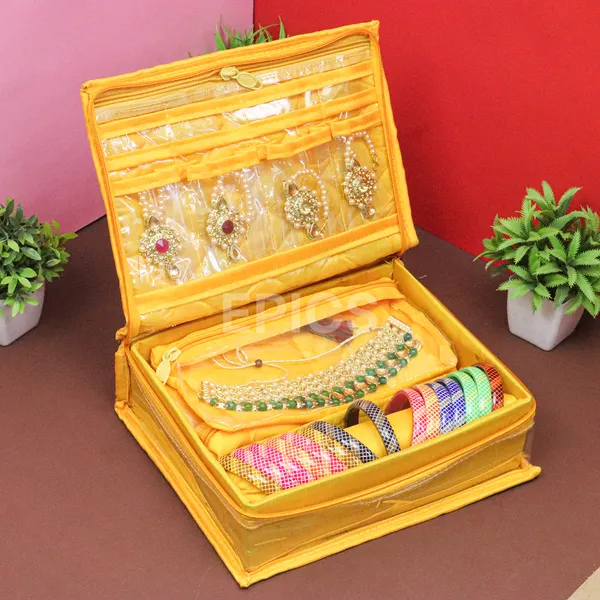 Epics Luxury Jewelry Organizer Box for Women – Elegant Bangle, Necklace & Earring Storage Case with Zipper Closure – Travel-Friendly Bridal Jewelry Pouch (Yellow)