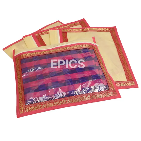Pack Of 10, Pink Border and classic design With Top Transparent Non-woven Single Saree Cover.