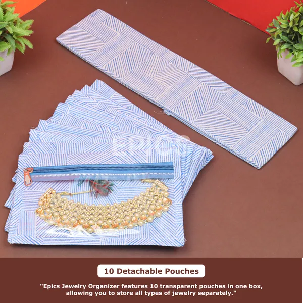 Premium Jewelry Organizer Box with Transparent Pouches – Non-Woven Fabric, Steel Zipper, Travel-Friendly Jewelry Storage Case, Ideal for Necklaces, Earrings & Bangles (Blue)