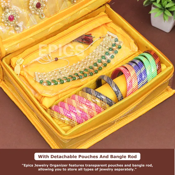 Epics Luxury Jewelry Organizer Box for Women – Elegant Bangle, Necklace & Earring Storage Case with Zipper Closure – Travel-Friendly Bridal Jewelry Pouch (Yellow)