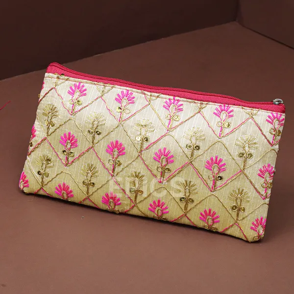 (Pack Of 5) Embroidery Worked Zip Pouches, Wedding Return Gift Women