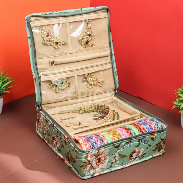 Epics Green Jewellery Organisers Pouch for Women | Travel Jewellery Storage Bag with 6 Transparent Pouches & Bangle Rod | Jewellery Box for Earrings, Rings, Bracelets & Accessories