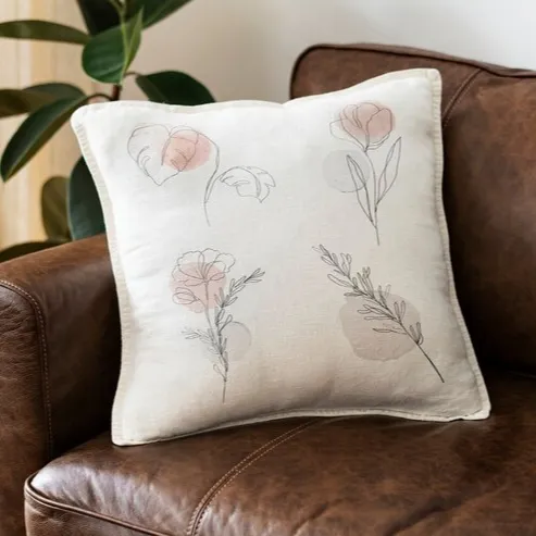 White floral Line art cushion cover