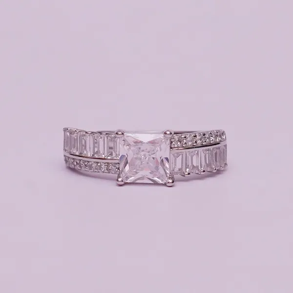 925 Sterling Silver Adjustable Princess and Baguette Ring